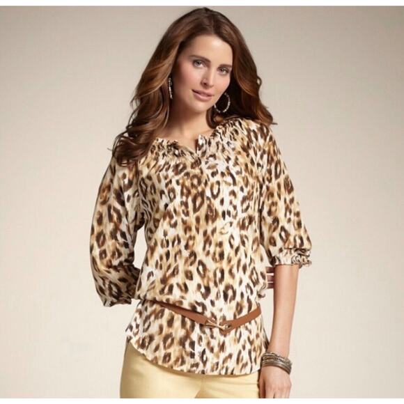 Chico's Leopard Print Peasant Boho Prairie Sheer 3/4 Top Blouse‎ Size 0 (S) - Picture 1 of 11